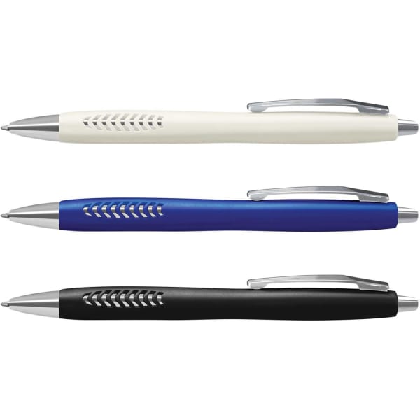 Three plastic pens in white, blue, and black, featuring a silver clip and a textured grip. Each pen has a logo.