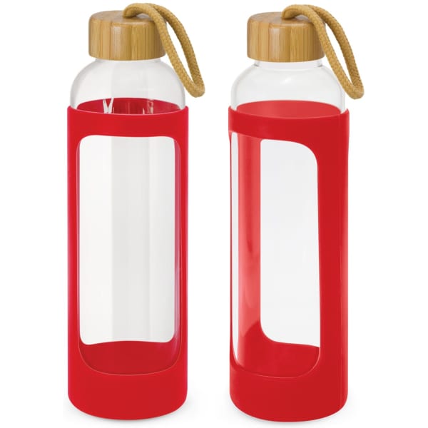 A drink bottle with a clear glass body, red silicone sleeve, and bamboo lid, featuring a carrying strap.