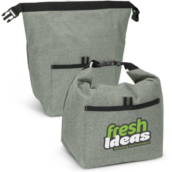 A grey lunch cooler with a handle and a front pocket, featuring a logo. A larger matching cooler is also visible.