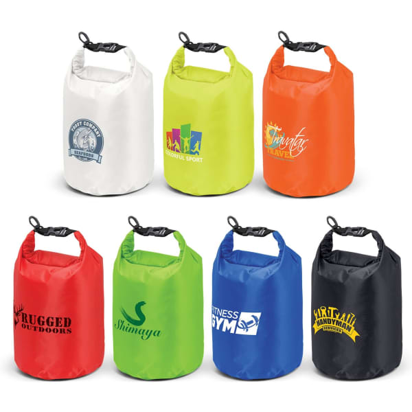 A collection of 10L dry bags in various colours: white, orange, green, black, and more, each with a logo.