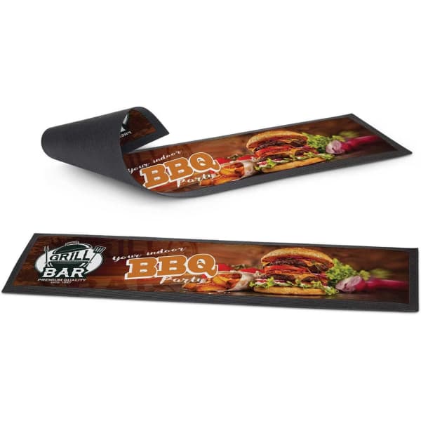 A bar runner featuring a vibrant BBQ design with a gourmet burger, predominantly in brown and black colours.