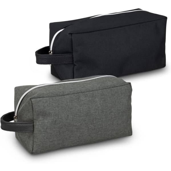 Two toiletry bags are displayed, one in black and the other in grey, featuring zippers and a carry handle.