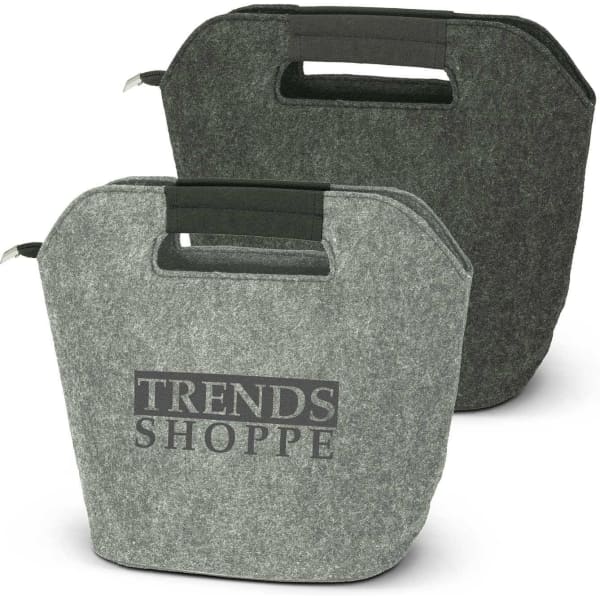 A grey and dark green cooler bag with handles and a logo on the front.