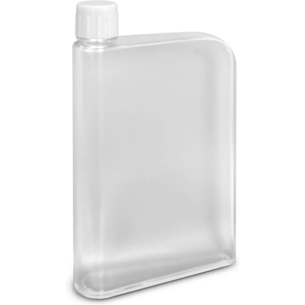 A drink bottle in a clear finish with a rounded top, featuring a white screw-on cap and a sleek, rectangular design.