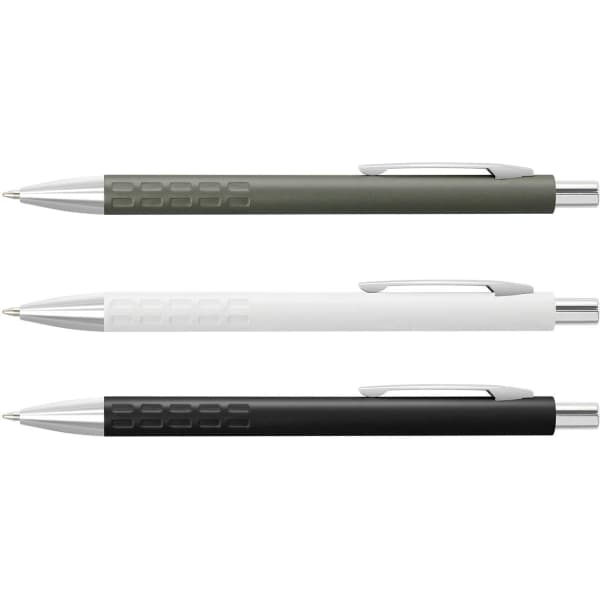 A collection of three metal pens in olive green, white, and black with silver accents and a logo on the side.