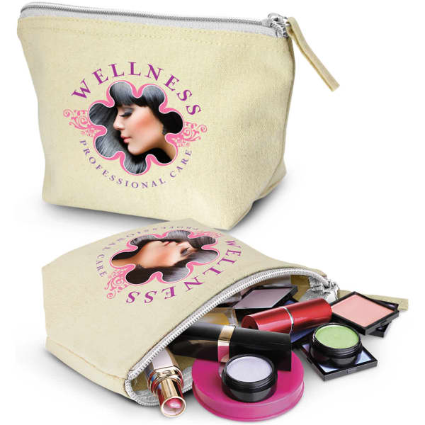 A small beige cosmetic bag with a logo, containing various makeup items like lipsticks and eye shadows.
