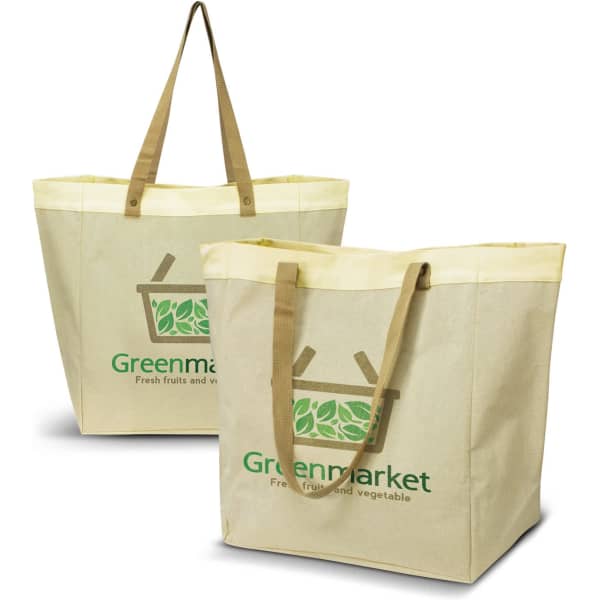 A beige tote bag with yellow handles, featuring a logo on the front and a spacious interior for carrying items.