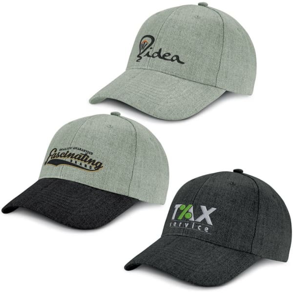 Three caps in grey and black, featuring various logos and designs on the front panels.