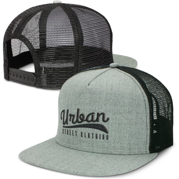 A flat peak trucker cap in grey and black, featuring mesh panels and a branded front.