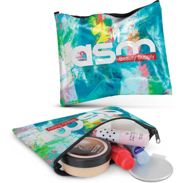 A small cosmetic bag in vibrant blue and green abstract design, containing various beauty products and accessories.