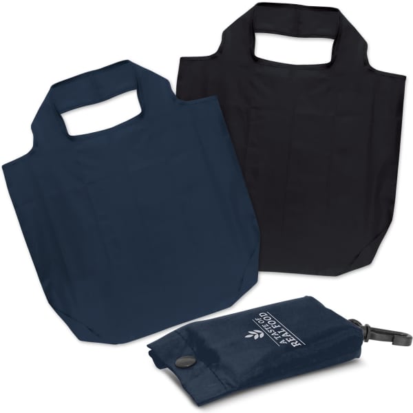 A set of reusable grocery bags in navy blue and black, with a compact foldaway pouch.