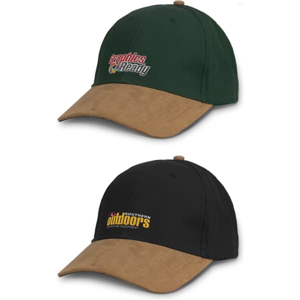 A green and tan cap with a logo and a black and tan cap with a logo, both with a suede peak.