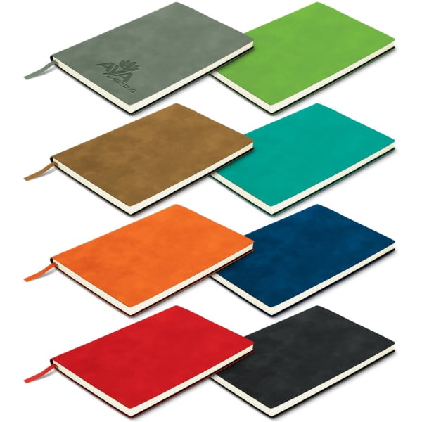 A range of soft cover notebooks in various colours: green, brown, orange, teal, blue, red, and black, each with a logo.
