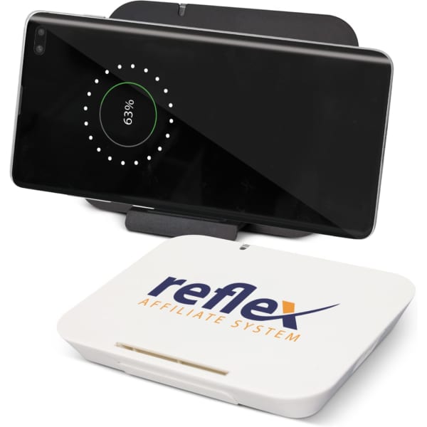 A wireless charging stand in black and white, featuring a phone on it displaying a charging indicator.