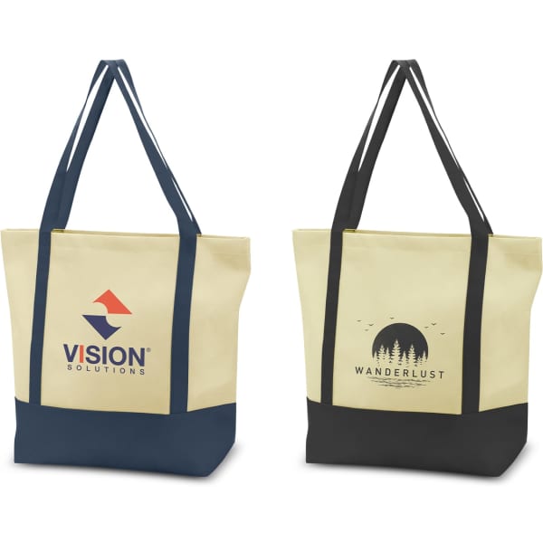A tote bag featuring a cream body with navy and black accents, and two different logos on each side.
