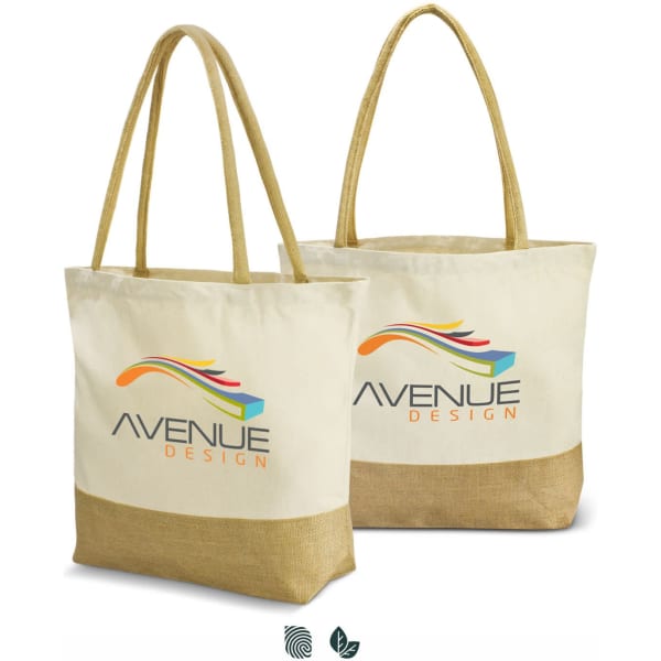 A natural-coloured tote bag with a jute bottom and handles, featuring a logo on the front.