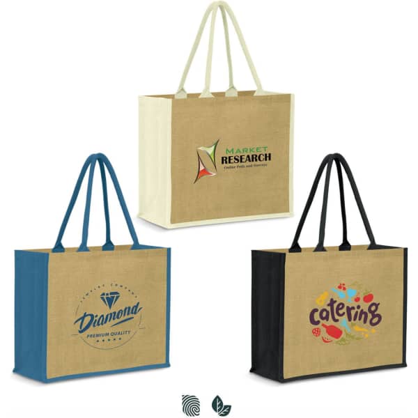 A jute tote bag in natural and coloured options, featuring various logos and handles in contrasting colours.