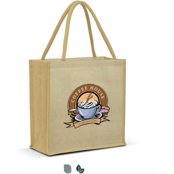 A beige tote bag with sturdy handles features a graphic of a coffee cup and pastries, complete with a logo.