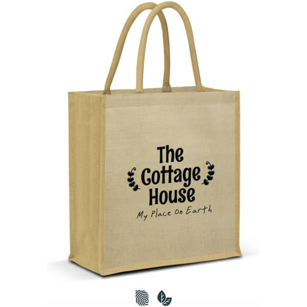 A natural-coloured tote bag with two handles and a logo on the front. It features a simple, rustic design.