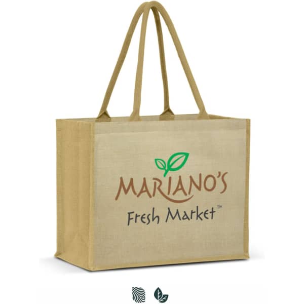 A large, natural jute tote bag with sturdy handles and a branding logo on the front.