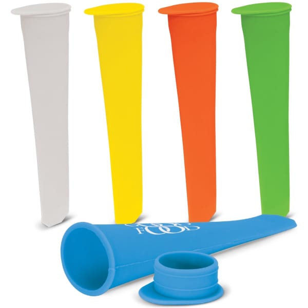 A set of colourful ice block moulds in white, yellow, orange, green, and blue, with a logo on one mould.