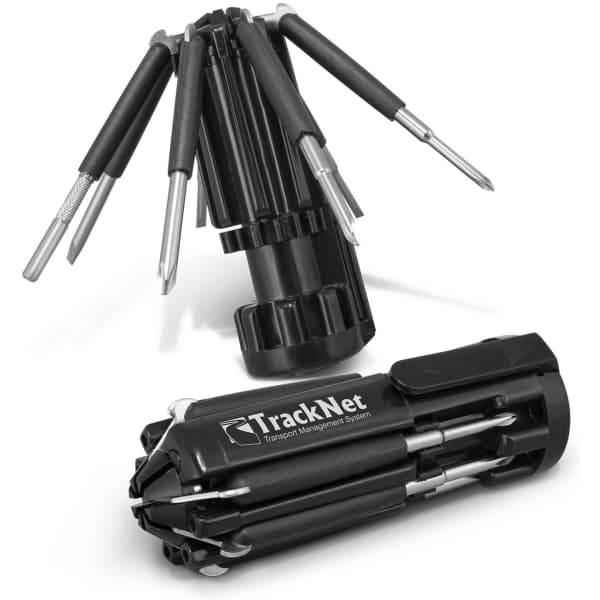 A black multi-tool with various interchangeable bits, featuring a compact design and a branding logo.