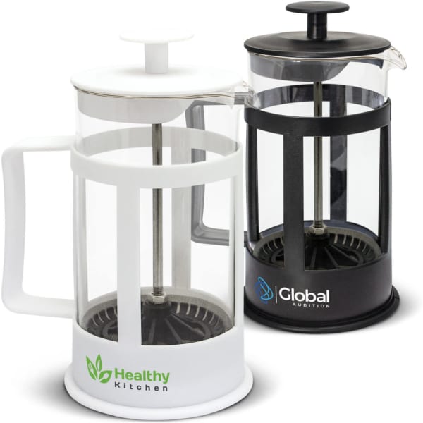 A small coffee plunger set featuring a white and a black model, both with a logo and glass components.