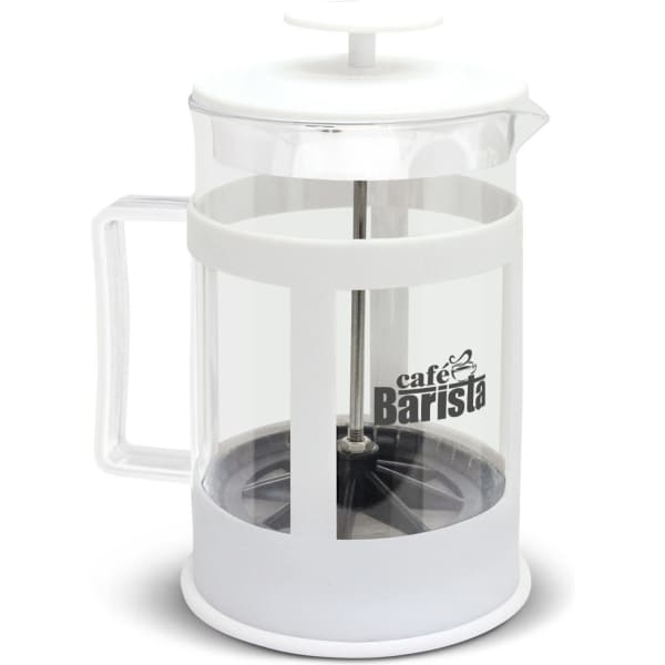 A large coffee plunger in clear glass with a white handle and lid, featuring a branding logo on the side.