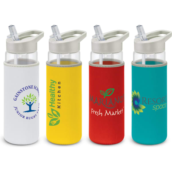 A drink bottle with a transparent glass body and colourful neoprene sleeves in white, yellow, red, and teal, featuring a logo.