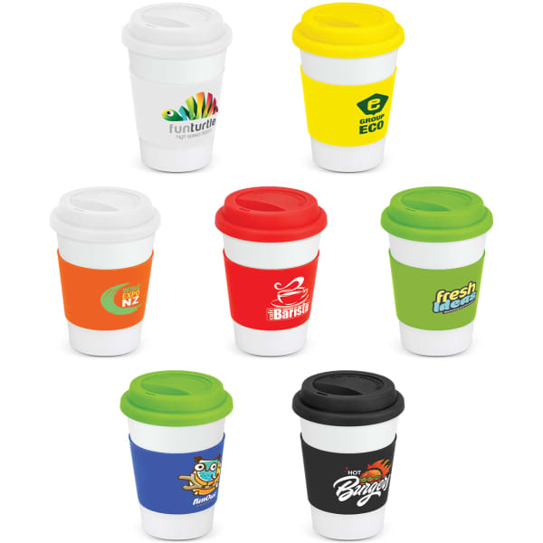 A collection of eight coffee cups in various colours with different silicone lids and branding.