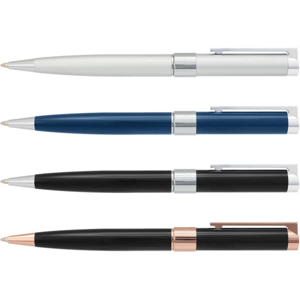 Four metal pens in silver, blue, black, and black with rose gold accents, featuring clips and a branded logo.