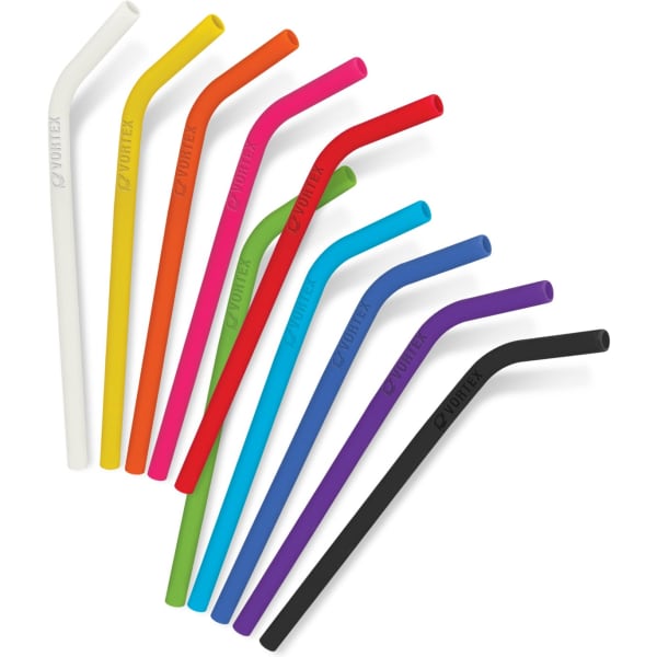 A set of silicone drinking straws in various colours, including white, orange, red, purple, green, and black.