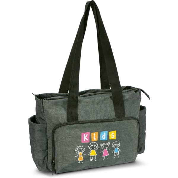 A green baby bag with two large handles, featuring pockets and a logo with cartoon children on the front.