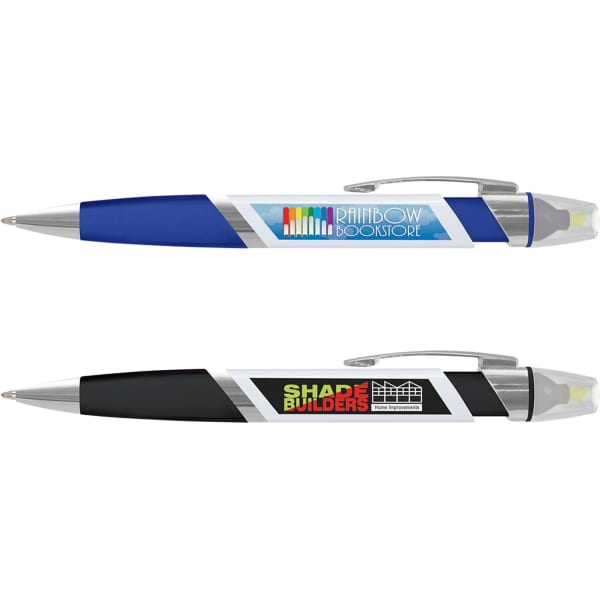Two highlighter pens featuring a blue and white design and a black and white design, each with a logo and a clear cap.