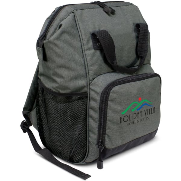 A grey cooler backpack with black accents and a front zip pocket, featuring a logo on the side.