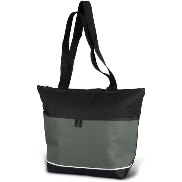 A green and black cooler bag with two shoulder straps and a front pocket, featuring a logo.