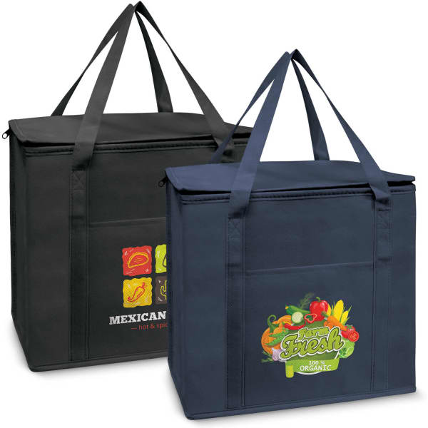 Two cooler bags in black and navy, featuring handles and front pockets, with logos displayed on the front.