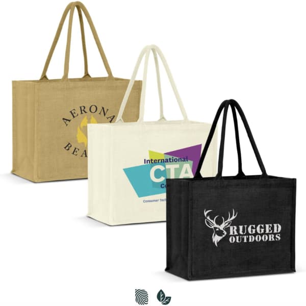 Three jute tote bags in different colours: tan, cream, and black, each featuring distinct logos.