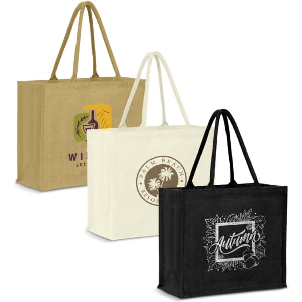 Three jute tote bags in black, cream, and brown, each featuring a logo or design on the front.