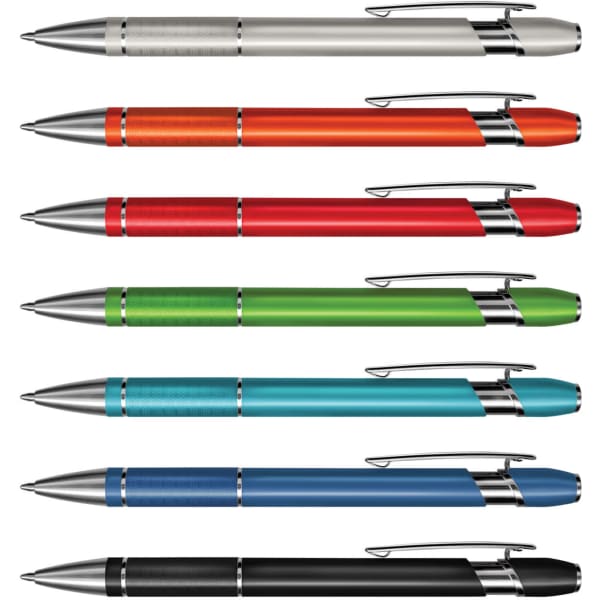 A collection of Centra Pens in silver, red, green, blue, and black, featuring a sleek design and metallic accents.