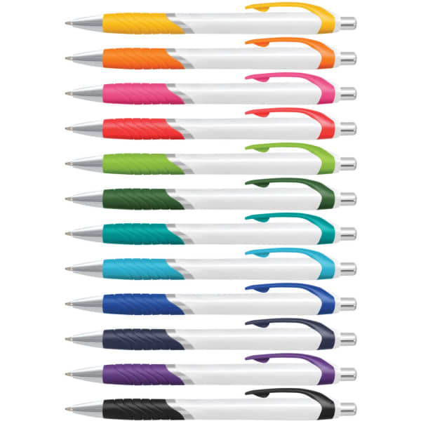 A collection of Jet Pens with white barrels and colourful grips, including orange, green, blue, purple, and pink.