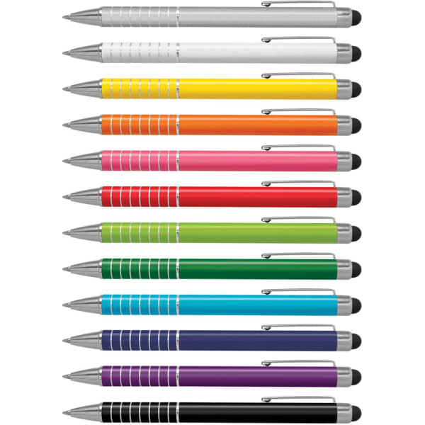 A collection of colourful stylus pens in various shades, including white, yellow, orange, red, green, blue, purple, and black.