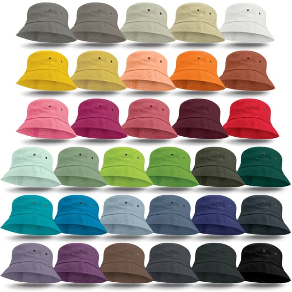 A set of bucket hats in various colours, including shades of grey, yellow, orange, pink, green, and black, with one logo displayed.
