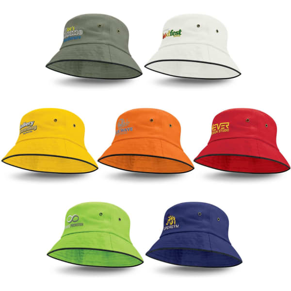 A variety of bucket hats in green, white, orange, yellow, red, and green, featuring different logos.