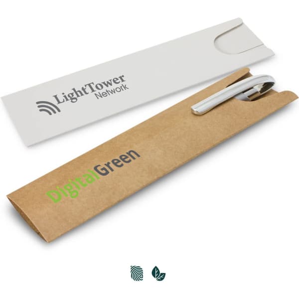 A cardboard pen sleeve in brown holding a white pen, featuring branding on its surface.