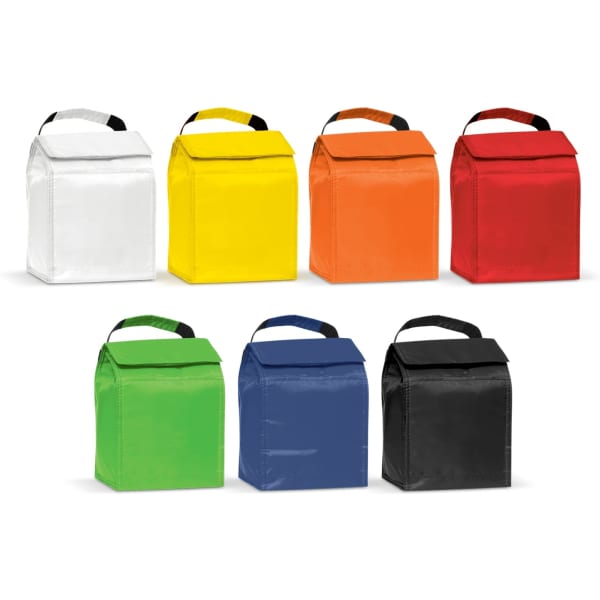 A collection of cooler bags in white, yellow, orange, red, green, blue, and black, featuring handles and a logo.