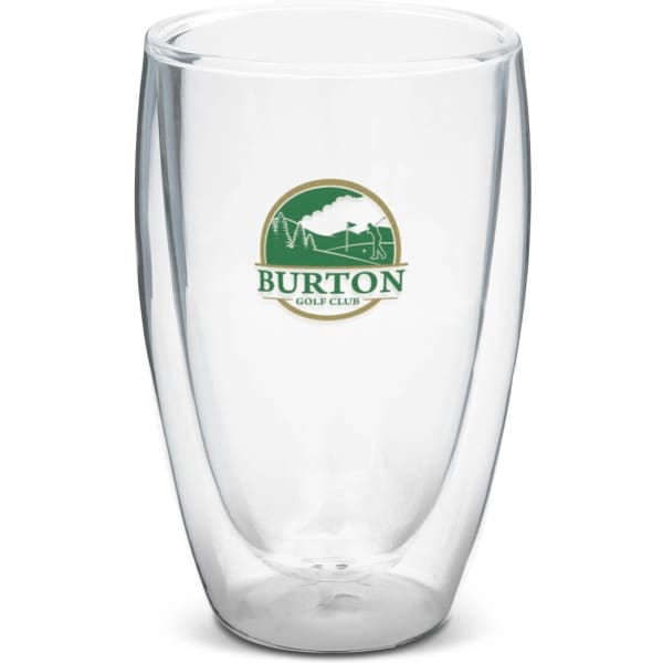 A double wall glass featuring a clear design with a logo. Holds 410ml and is perfect for various beverages.