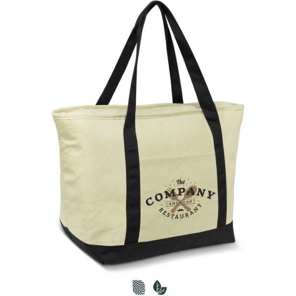 A large cream cooler bag with black straps and a logo on the front. Ideal for carrying chilled items.