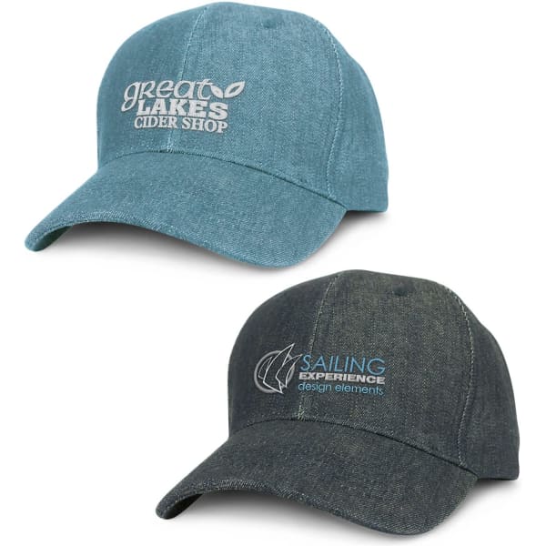 Two denim caps are displayed, one in teal and the other in dark denim, both featuring logos.