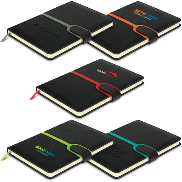 A set of black notebooks with coloured elastic bands and ribbon page markers, featuring logos on the covers.